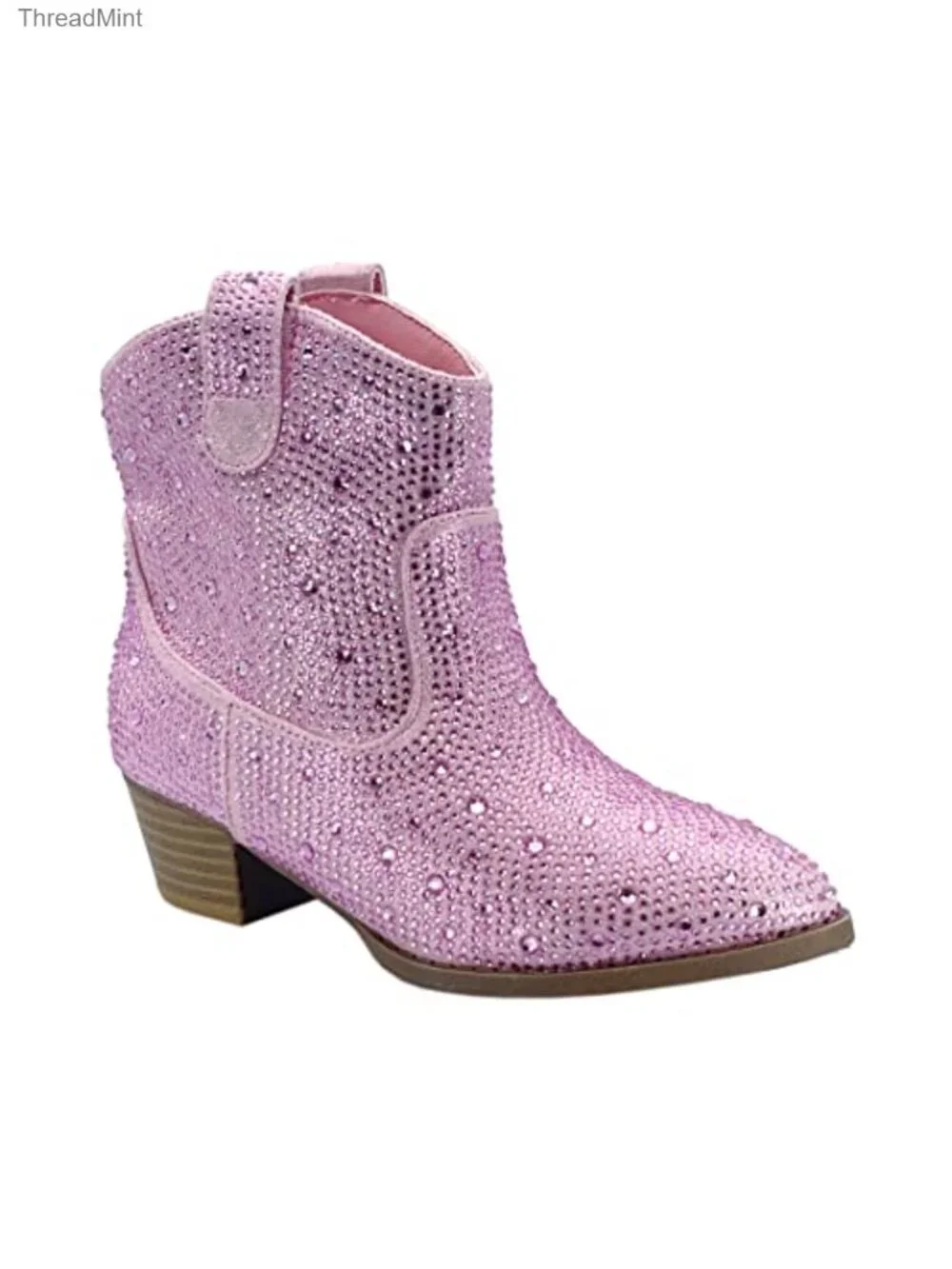 Girls Rhinestone Chunky Heel Ankle Bootie Slip On Casual